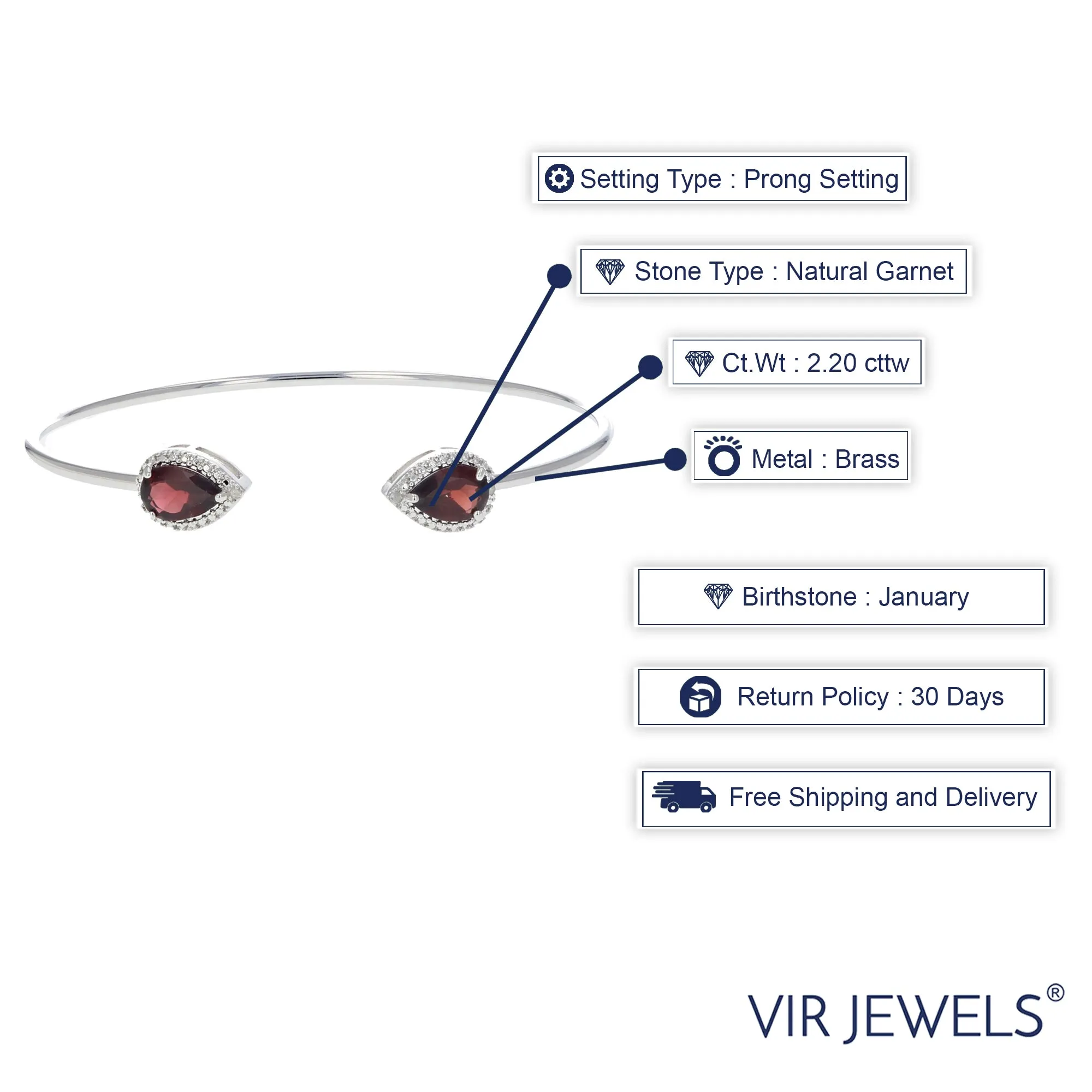 2.20 cttw Garnet Cuff Bangle Bracelet Brass With Rhodium Plating 9x6 MM Pear