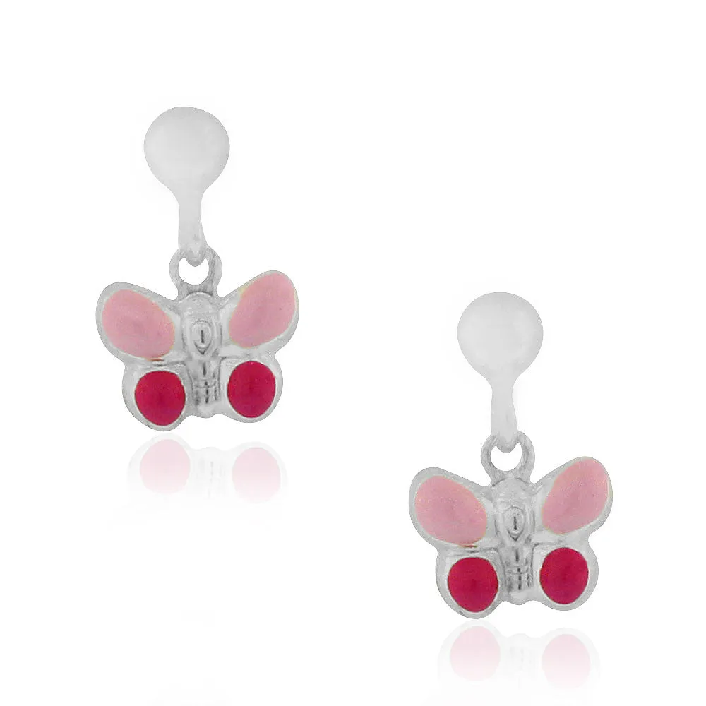 925 Sterling Silver Pink Enamel Butterfly Girls Dangle Drop Earrings