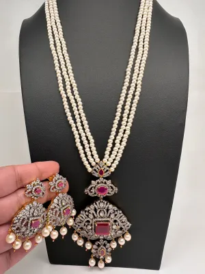 AD Red Stone Pendent Pearl Mala