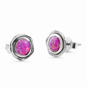 Banyan Waved Oxidized Silver Stud Earrings with Hints of Pink Opal