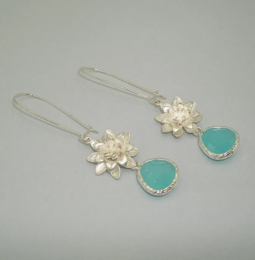 Bridesmaid Earrings Mint Crystal Lotus Flowers