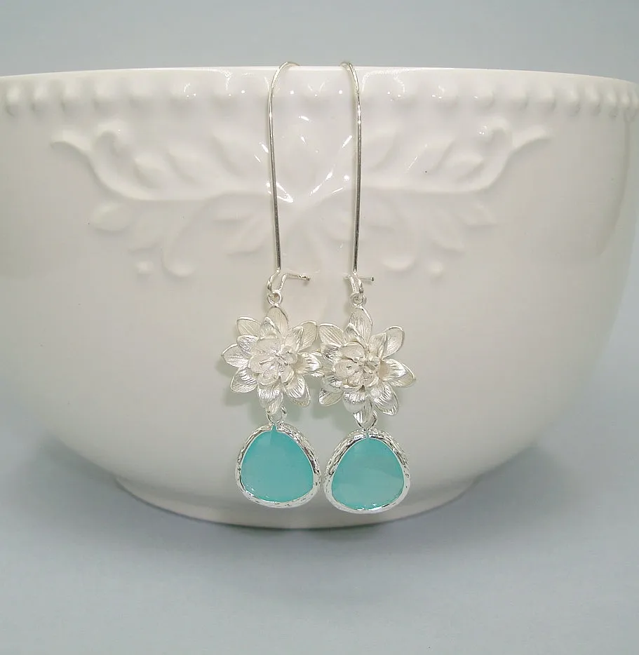 Bridesmaid Earrings Mint Crystal Lotus Flowers