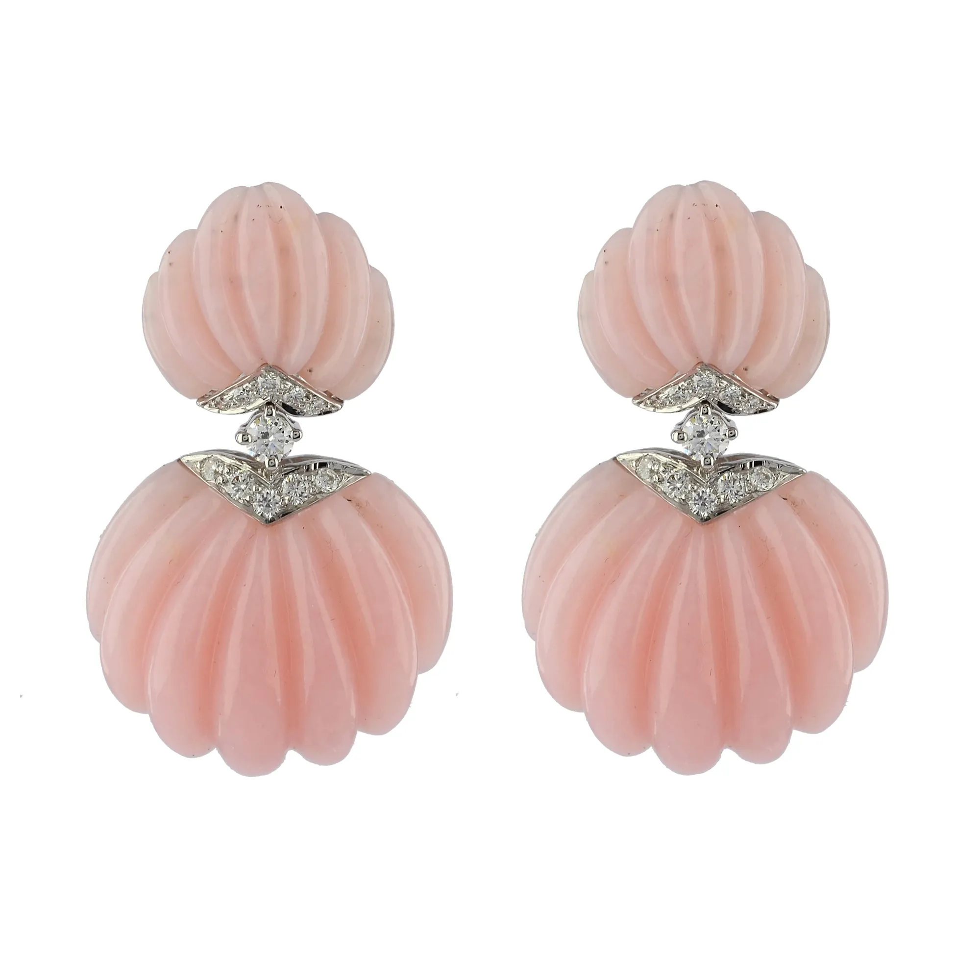 Carved Pink Opal & Diamond Deco Earrings