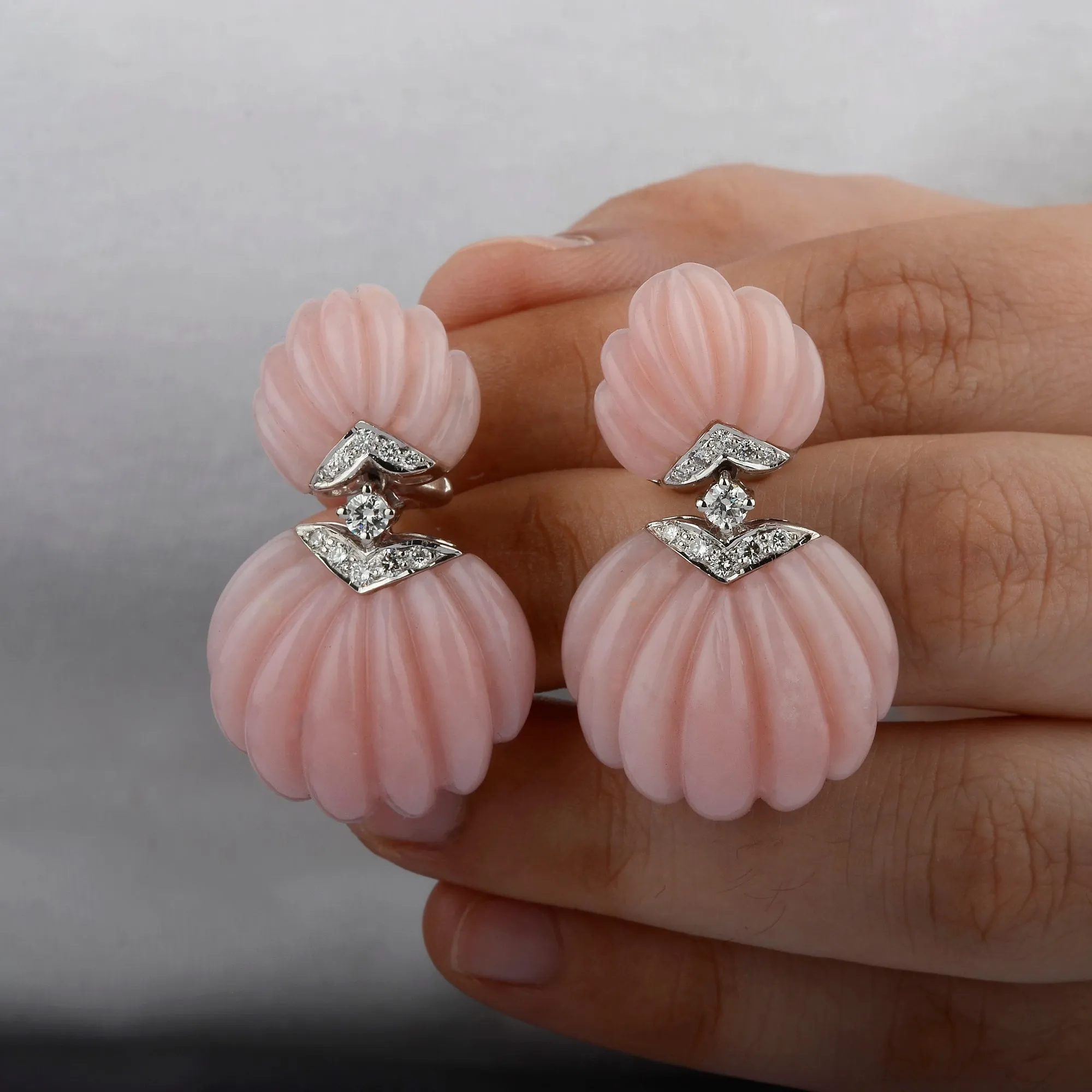 Carved Pink Opal & Diamond Deco Earrings
