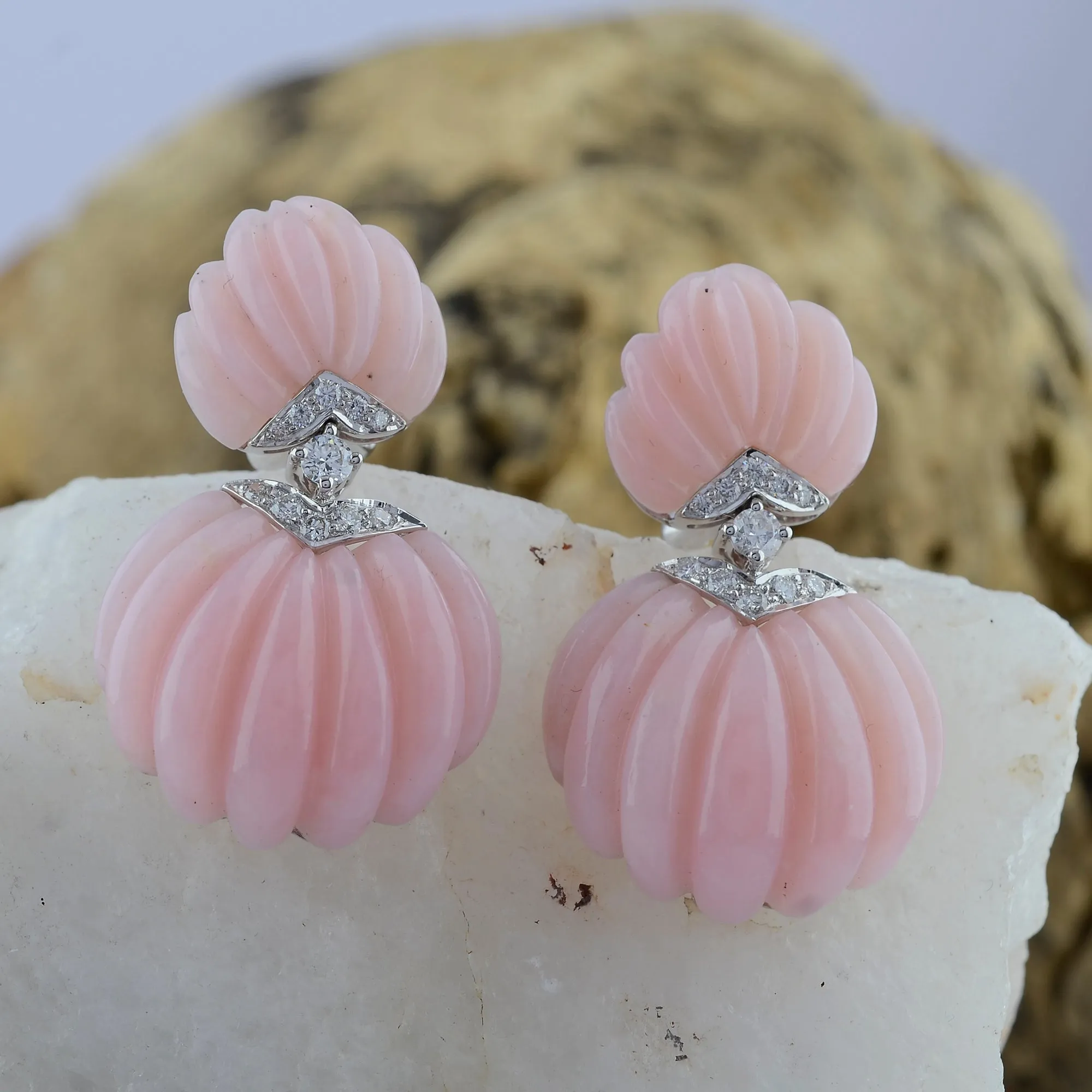 Carved Pink Opal & Diamond Deco Earrings
