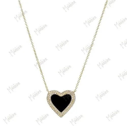 Diamond Black Onyx Heart Necklace 15x16mm