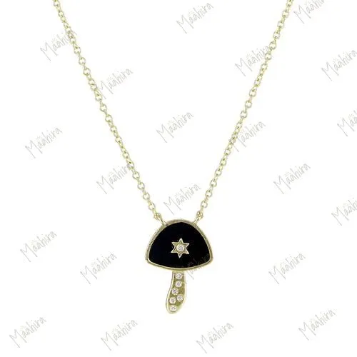 Diamond Black Onyx Mushroom Necklace 10.20x14.20mm