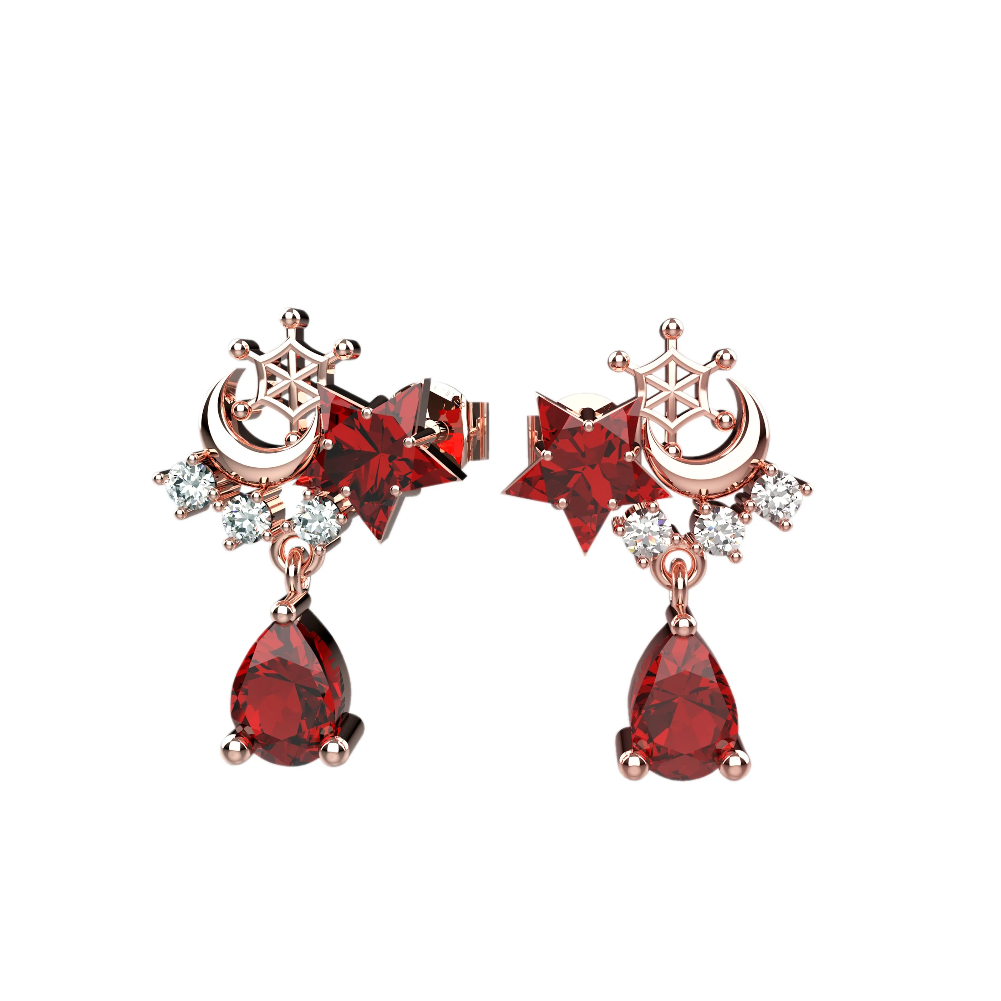 Garnet Gems With Dangle Moon Ear Studs