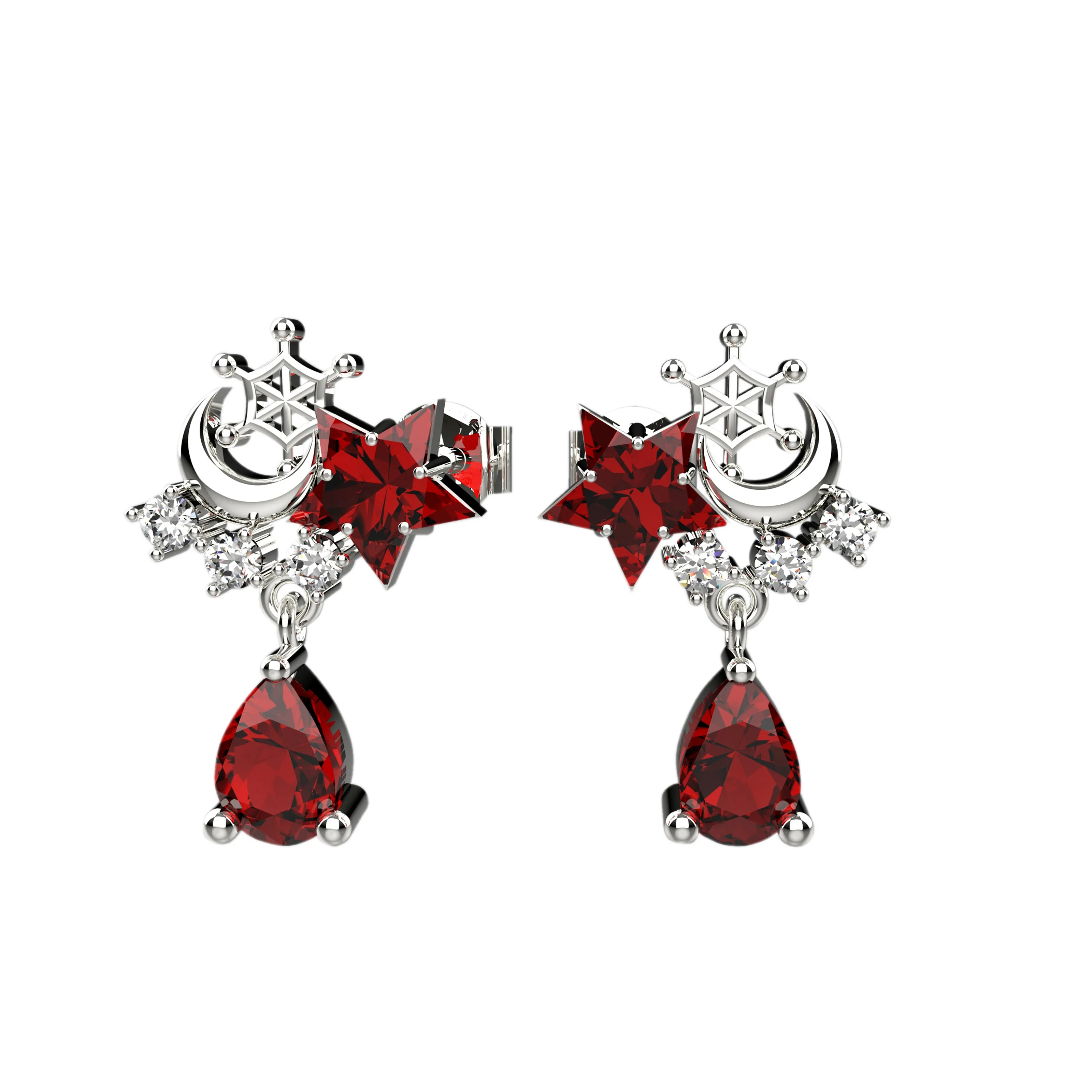 Garnet Gems With Dangle Moon Ear Studs