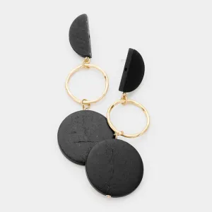 Geometric Wood Round Metal Dangle Earrings Black