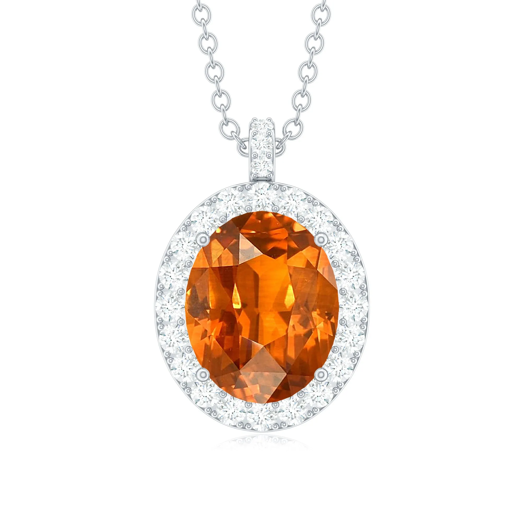 Oval Created Orange Sapphire and Diamond Halo Pendant