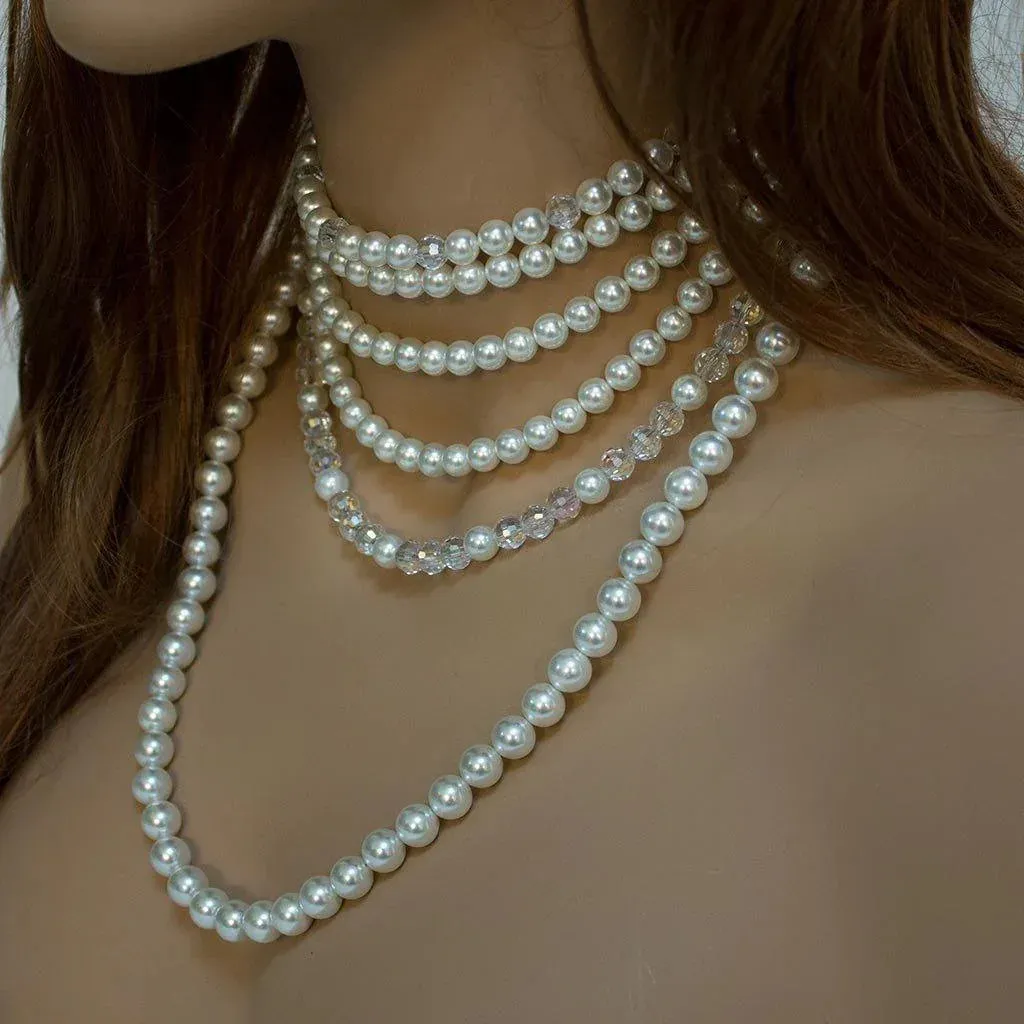 Pearl Crystal Multi Strand Bridal Statement Necklace