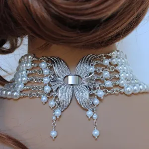 Pearl Crystal Multi Strand Bridal Statement Necklace