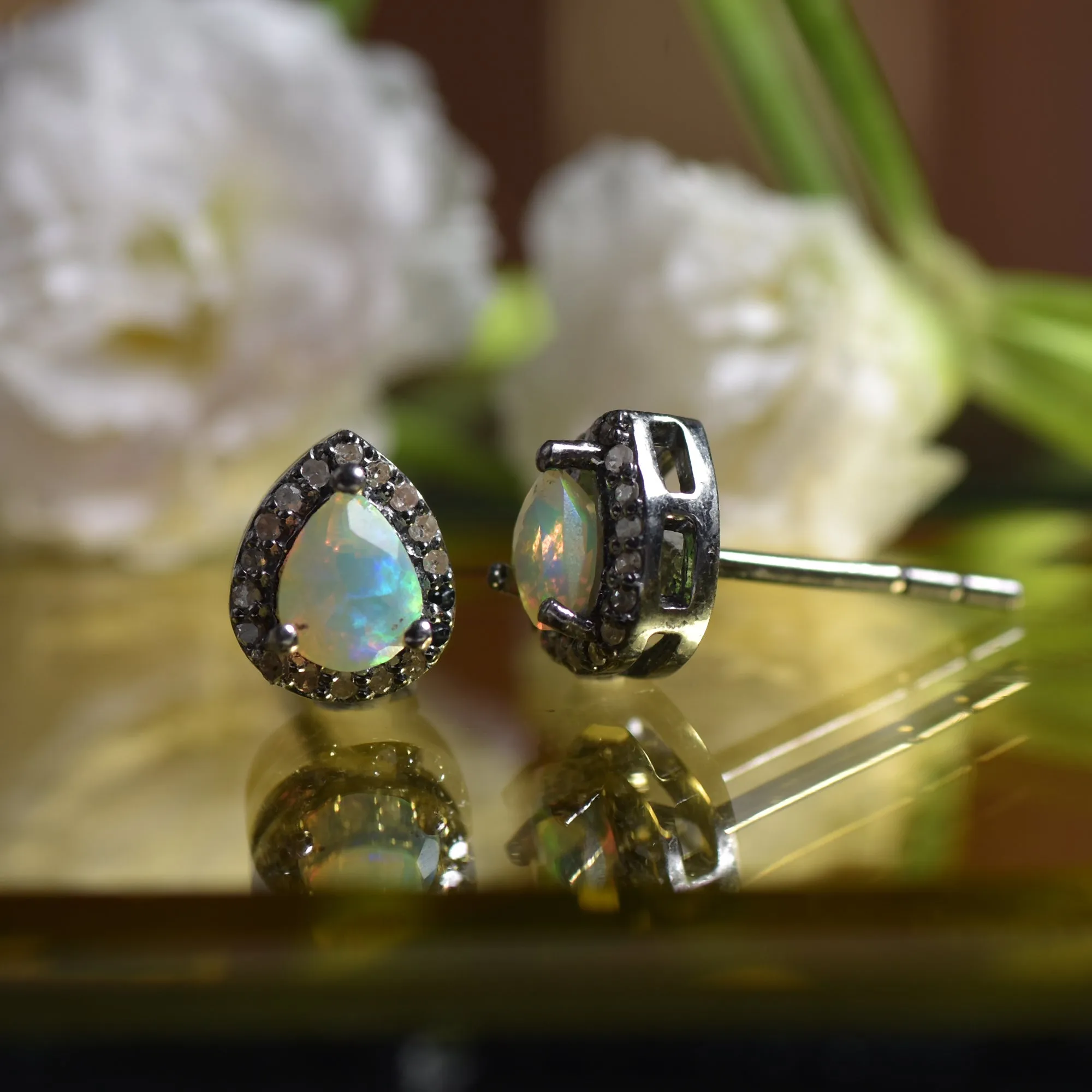 Pears Opal Halo Studs Earrings With Diamonds