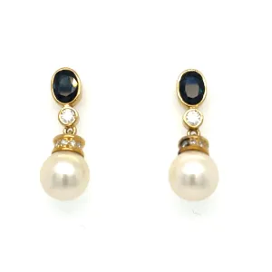 Sapphire Pearl and Diamond 18ct Gold Earrings