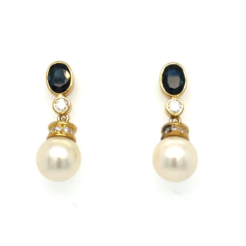 Sapphire Pearl and Diamond 18ct Gold Earrings
