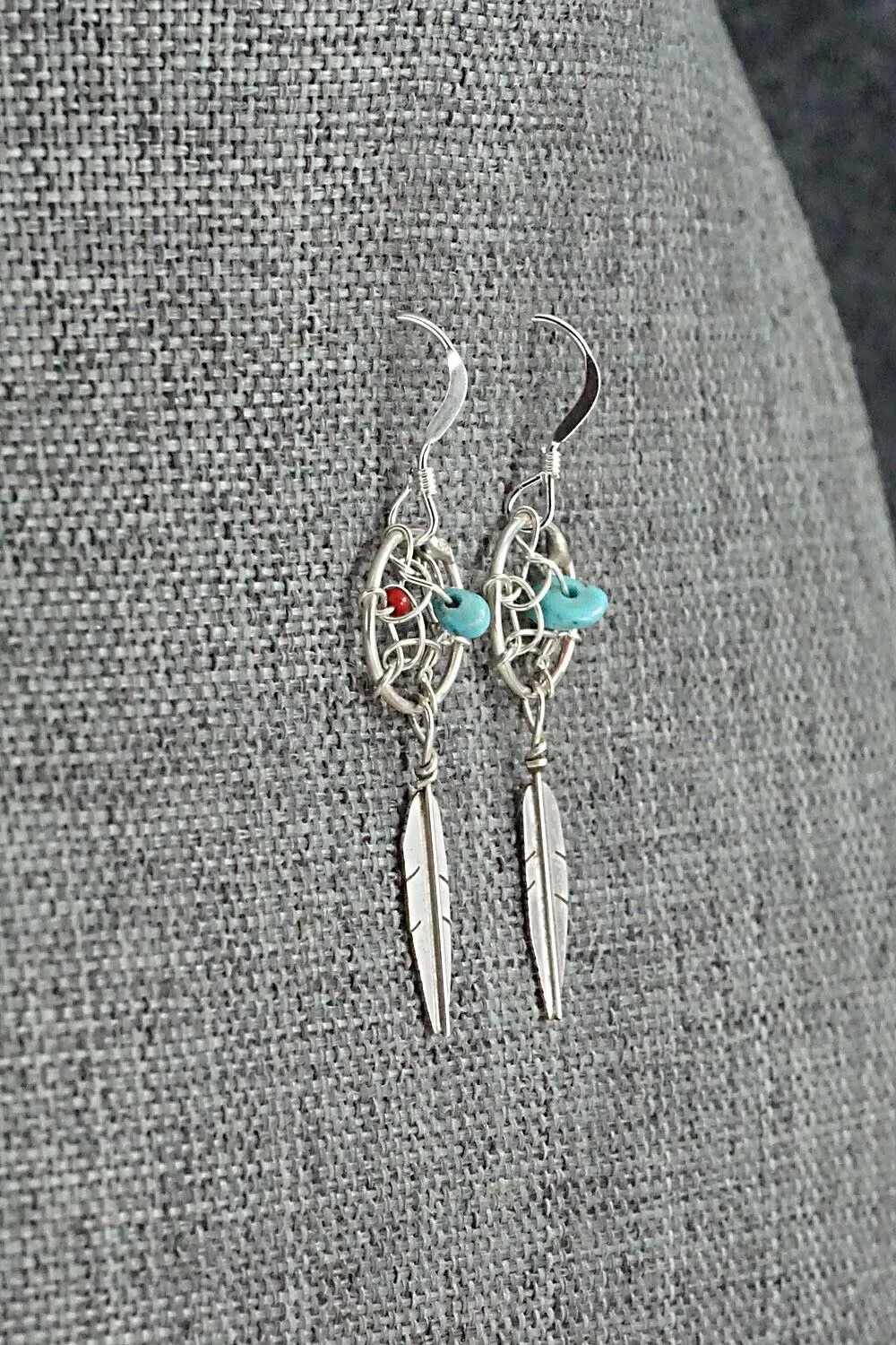 Turquoise, Coral & Sterling Silver Earrings - Lorenzo Arviso Jr.