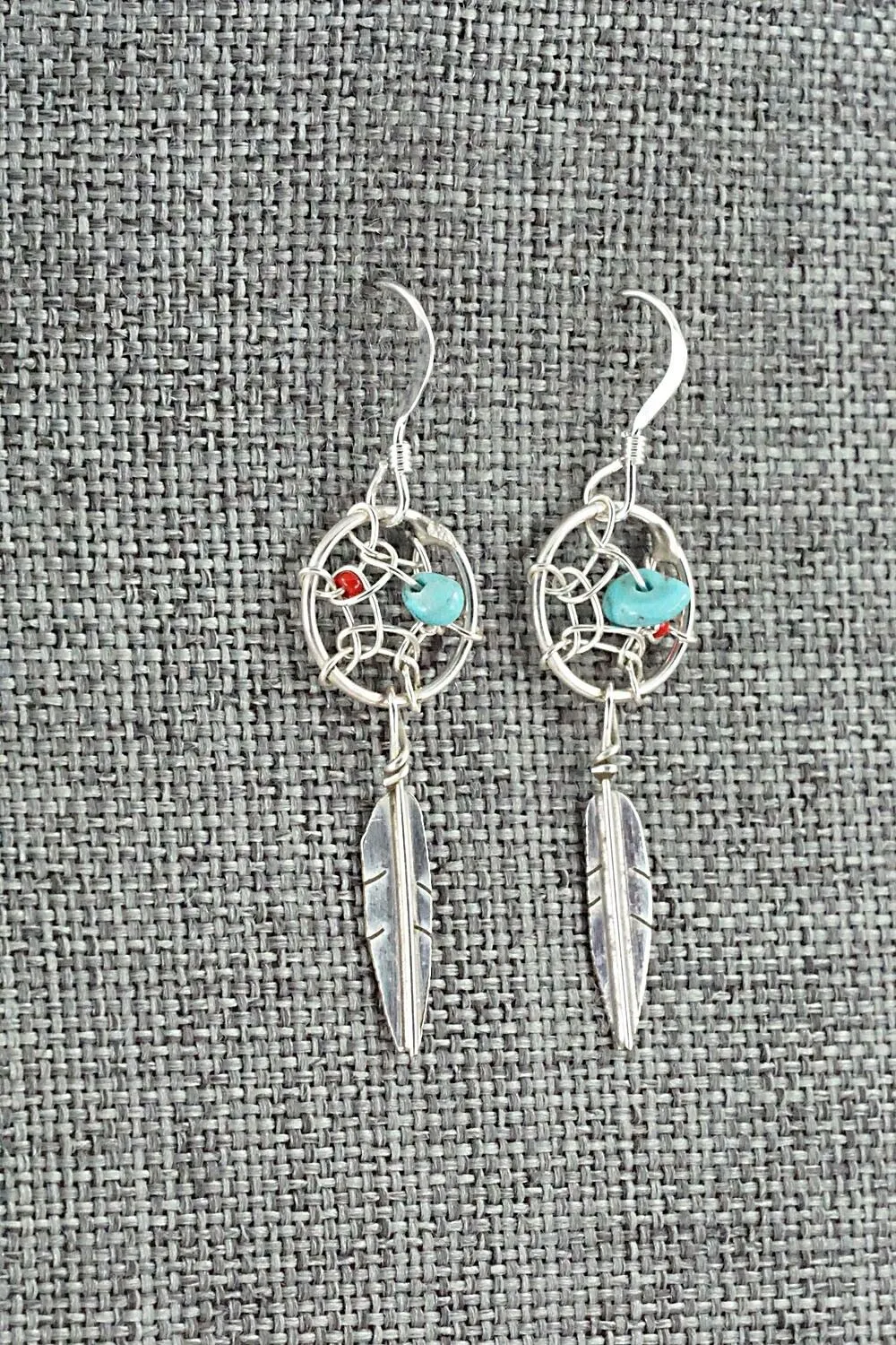 Turquoise, Coral & Sterling Silver Earrings - Lorenzo Arviso Jr.