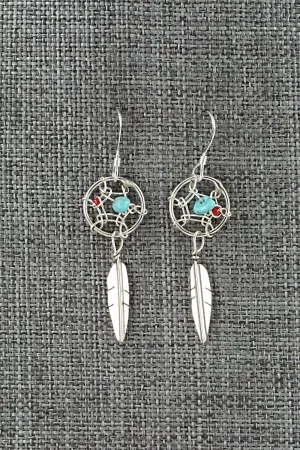 Turquoise, Coral & Sterling Silver Earrings - Lorenzo Arviso Jr.
