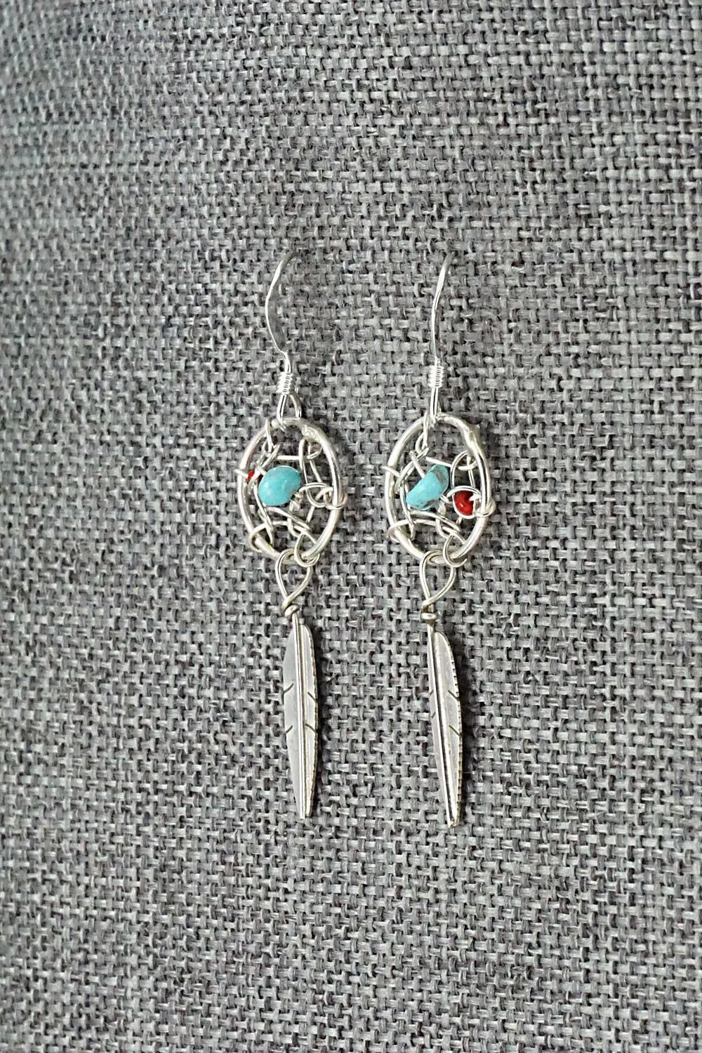 Turquoise, Coral & Sterling Silver Earrings - Lorenzo Arviso Jr.