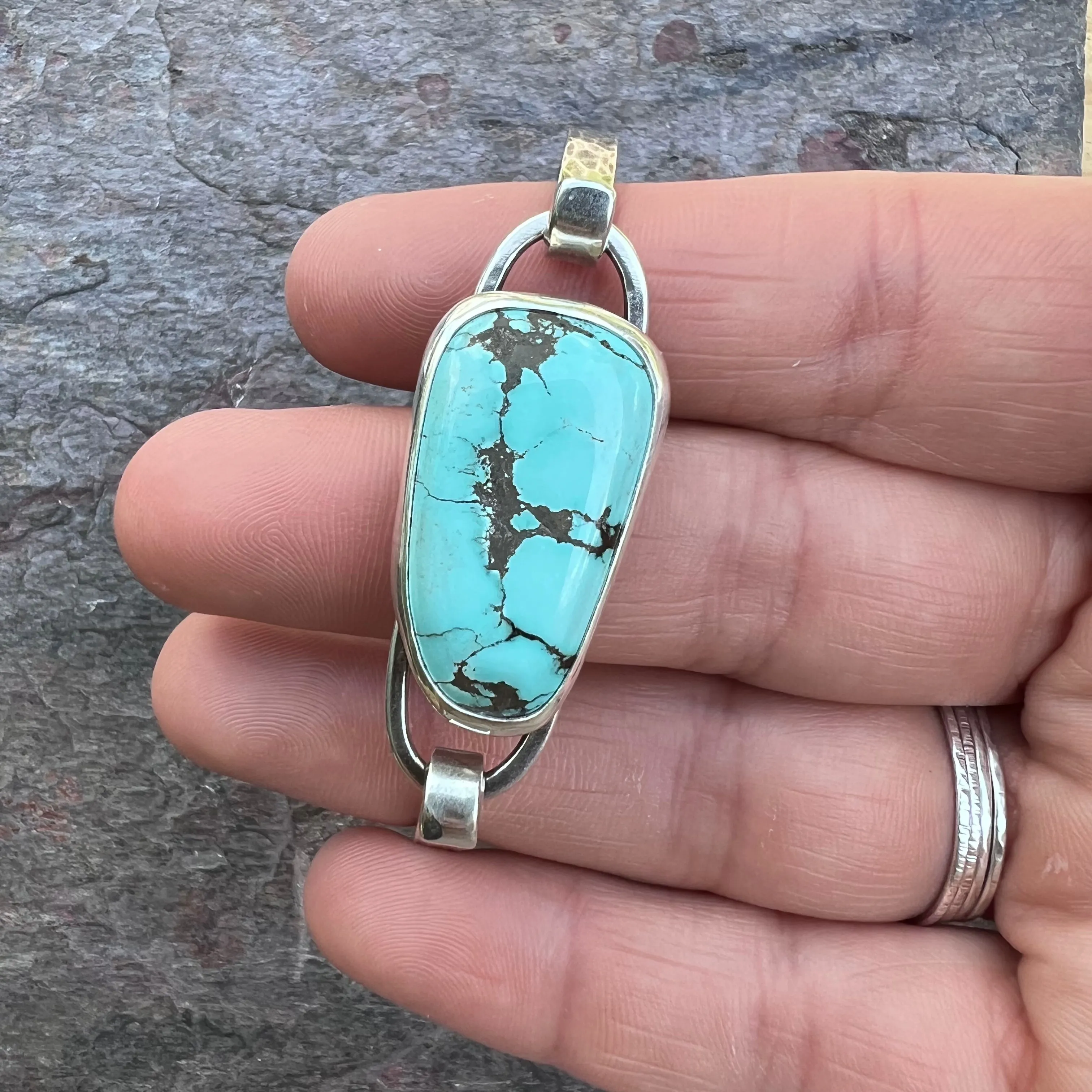 Turquoise Sterling Silver Bracelet - Handmade One-of-a-kind Tension Cuff Bracelet