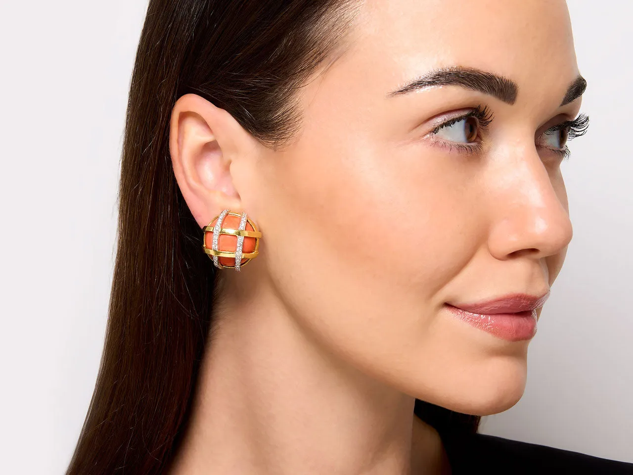 Verdura 'Duchess' Coral and Diamond Earrings in 18K Gold and Platinum
